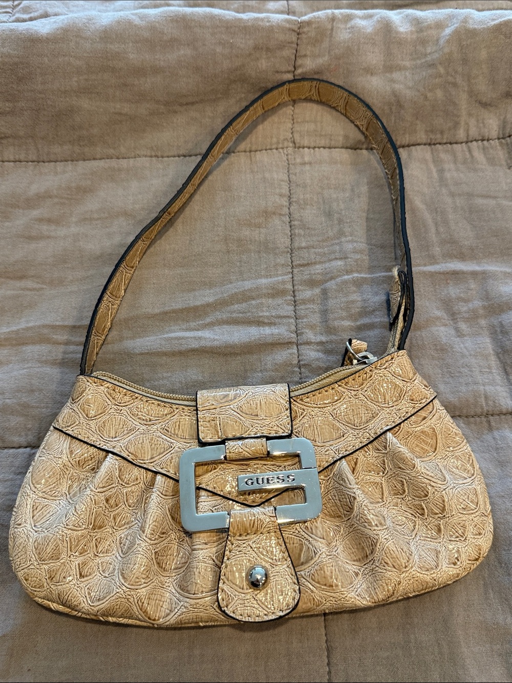 Guess Beige Croc-Embossed Bag with Silver Buckle